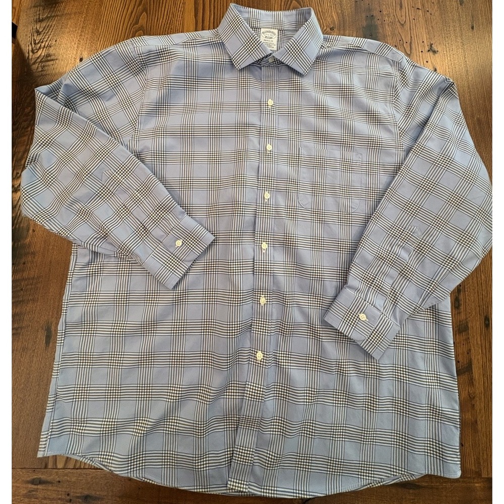 Brooks Brothers Dress Shirt Mens 17.5 34 Blue/Brown Plaid NonIron Stretch Supina - Picture 2 of 9